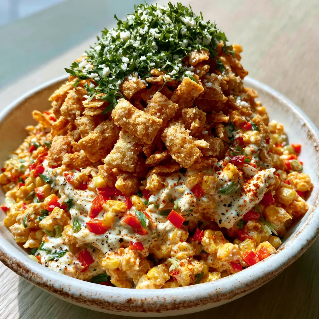 Frito Corn Salad with Smoked Paprika and Creamy Cotija Dressing 2 High-angle macro shot of Frito Corn Salad showing the dense corn mixture and velvety dressing with smoked paprika flecks.