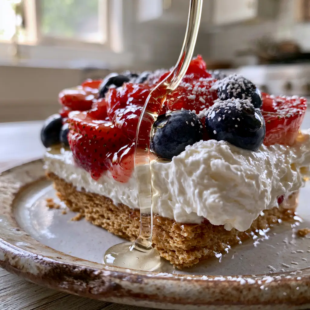 Easter Sunday Recipe: The Ultimate Mascarpone and Glistening Berry Tart 2 A handheld smartphone photo showing the layers of the Easter Sunday recipe, including the golden graham cracker crust and whipped cream.