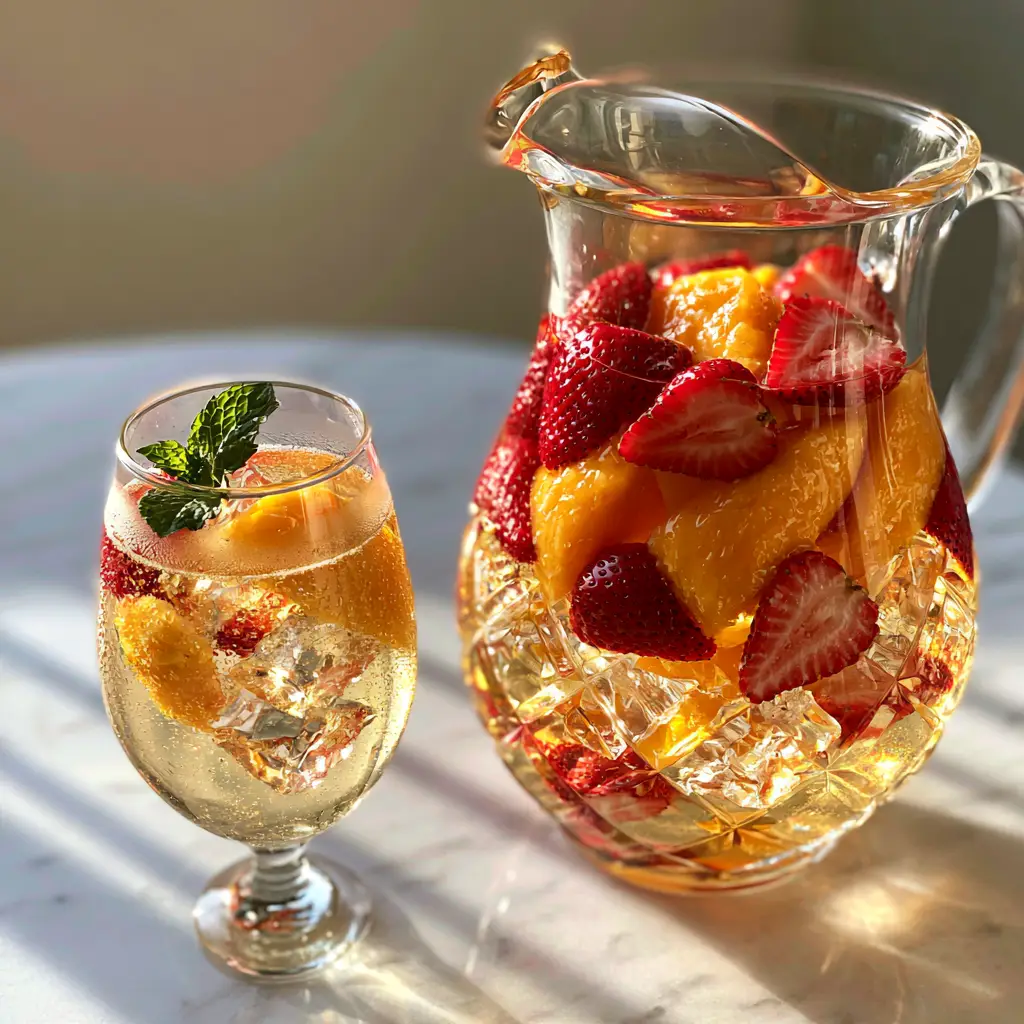 Strawberry Mango Sangria: The Ultimate Shimmering Summer Refresher 2 Handheld photo of a crystal pitcher filled with Strawberry Mango Sangria on a marble table.