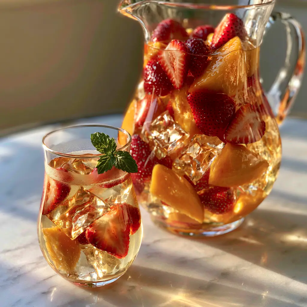 Strawberry Mango Sangria: The Ultimate Shimmering Summer Refresher 1 Close up of an elegant glass of Strawberry Mango Sangria with condensation and fresh mint garnish.