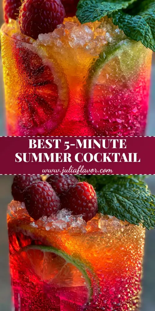 Fruity Summer Cocktail with Blood Orange and Sparkling Hibiscus 4 A vibrant fruity summer cocktail in a ribbed glass with blood orange slices, raspberries, and mint at golden hour.