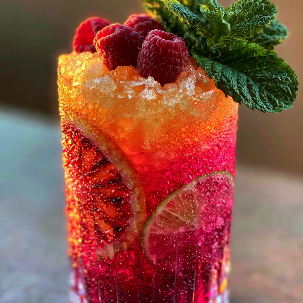 Fruity Summer Cocktail with Blood Orange and Sparkling Hibiscus 2 Extreme macro close-up of a fruity summer cocktail showing effervescent bubbles and crushed ice.