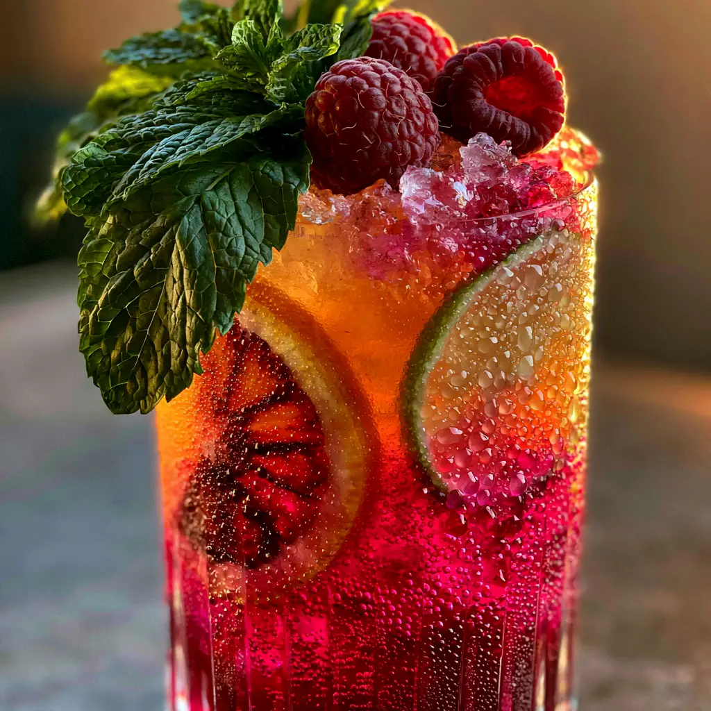 Fruity Summer Cocktail with Blood Orange and Sparkling Hibiscus 1 Handheld photo of a fruity summer cocktail with a sunset gradient and thick condensation droplets.