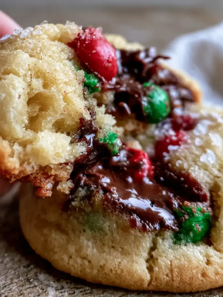Christmas Chocolate Chip Cookies: The Ultimate Soft-Baked Holiday Treat 1 High-resolution photo of a thick Christmas chocolate chip cookie with fine cracks, buttery sheen, and sea salt dusting.
