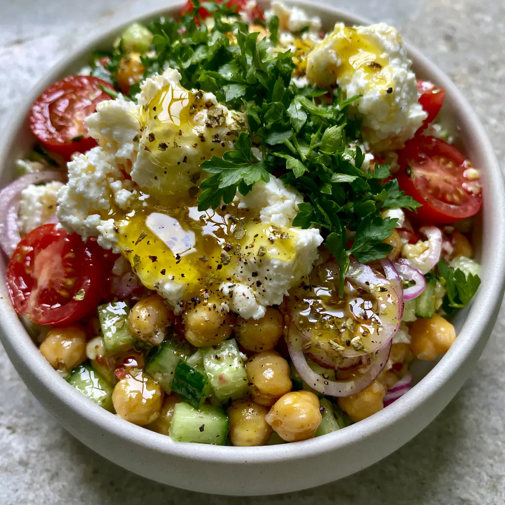 Cucumber Chickpea Feta Salad: The Ultimate Mediterranean Side Dish 2 Top-down view of cucumber chickpea feta salad showing glossy chickpeas and red cherry tomatoes. (cucumber chickpea feta salad)
