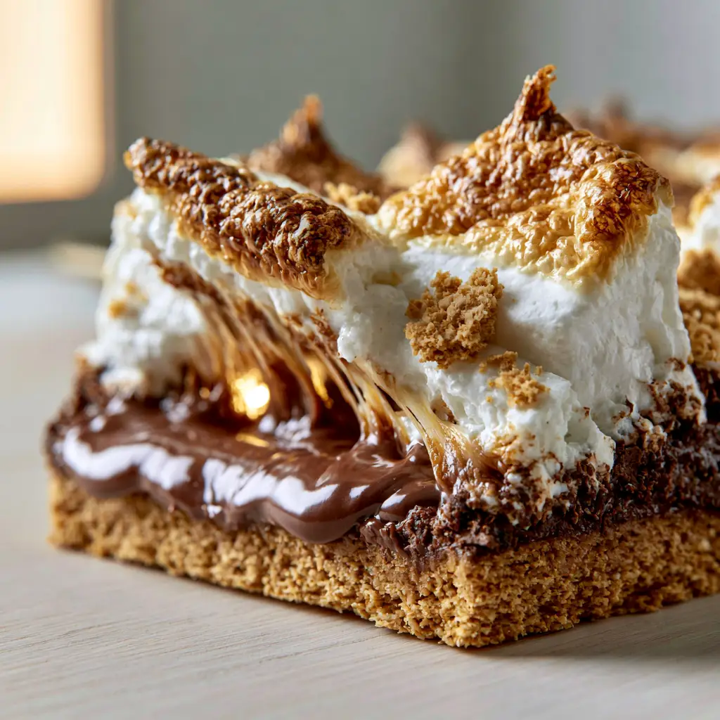 S'more Bars with Gooey Marshmallow Pulls and Molten Chocolate 1 A low-angle macro shot of a thick graham cracker crust topped with molten chocolate and stretchy marshmallows. (s'more bars)