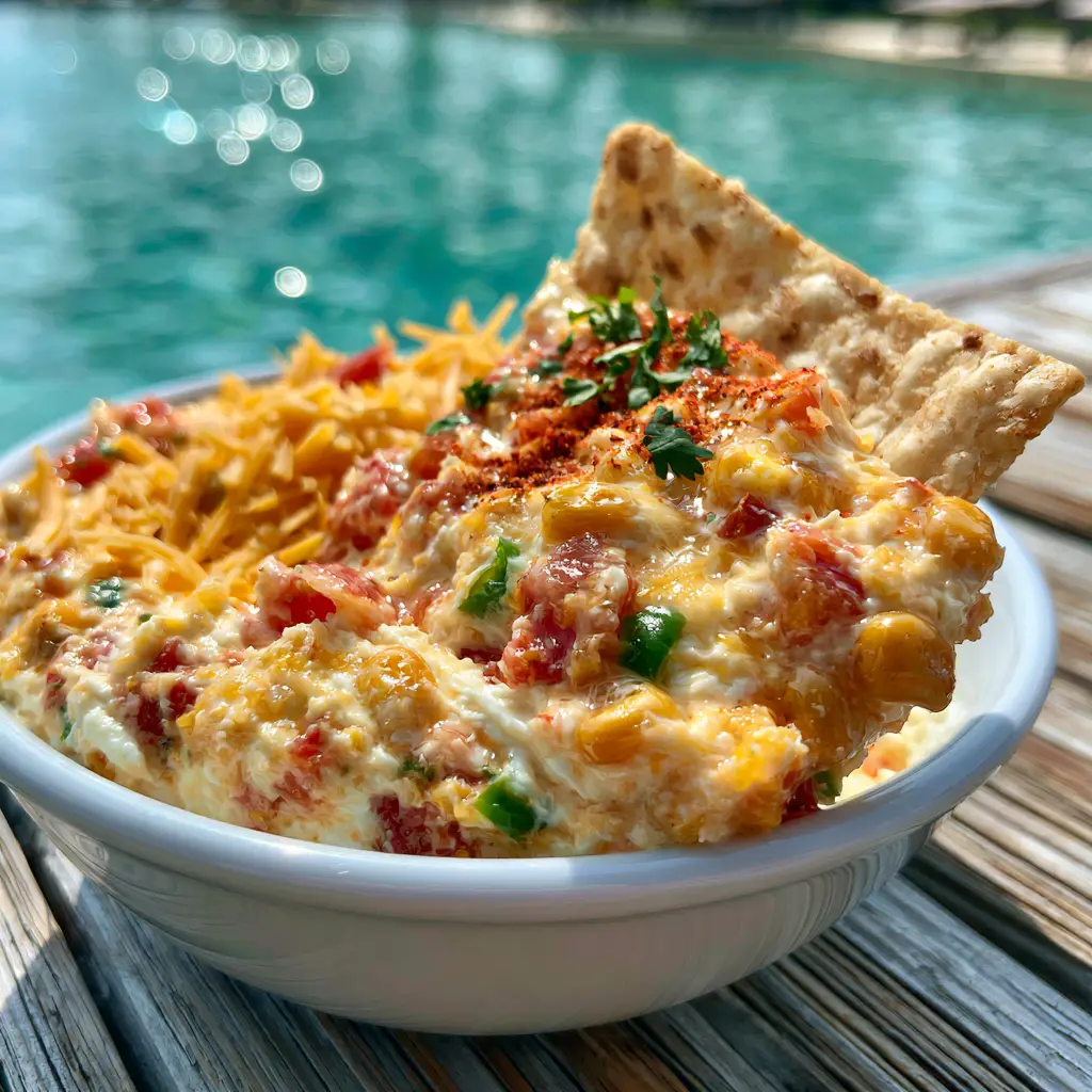 Boat Dip: The Ultimate Creamy Poolside Appetizer for Summer 2 POV close-up of a salty tortilla chip scooping into thick Boat dip with tomatoes and corn.