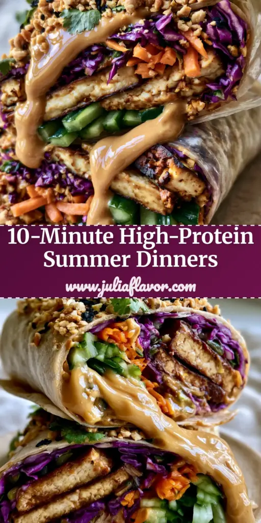 Vegan Summer Recipes: Smoked Tofu Peanut Wraps with Crunchy Slaw 4 A vertical stack of two vegan smoked tofu wraps on a stone plate, featuring bright purple cabbage and glossy peanut sauce. (Vegan summer recipes)