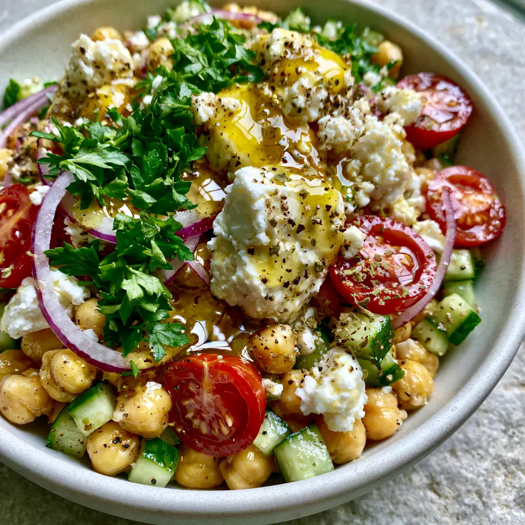 Cucumber Chickpea Feta Salad: The Ultimate Mediterranean Side Dish 1 Close-up of creamy feta chunks and sliced red onions on a cucumber chickpea feta salad.