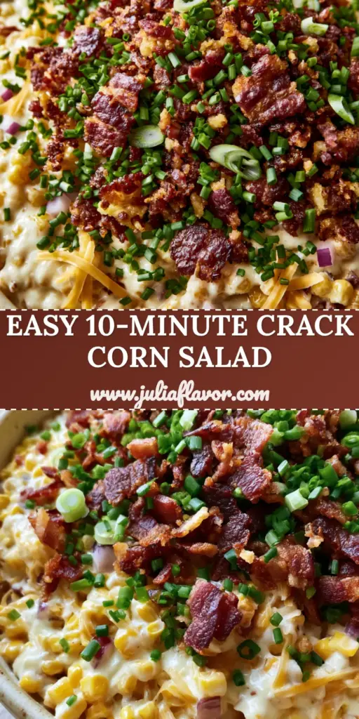 Crack Corn Salad: The Ultimate Creamy Bacon and Cheddar Delight 4 A rustic cream-colored bowl overflowing with Crack Corn Salad, topped with a mountain of crispy thick-cut bacon, fresh chives, and scallions.