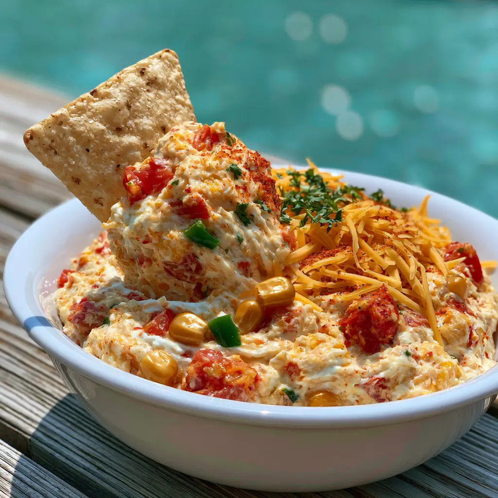 Boat Dip: The Ultimate Creamy Poolside Appetizer for Summer 1 Thick Boat dip in a white bowl on a wooden dock featuring yellow corn and cilantro flecks.