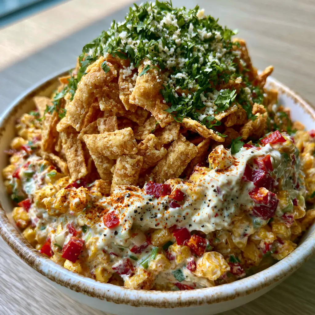 Frito Corn Salad with Smoked Paprika and Creamy Cotija Dressing 1 Close-up of golden Frito chips piled high on a corn salad garnished with cotija cheese and cilantro.
