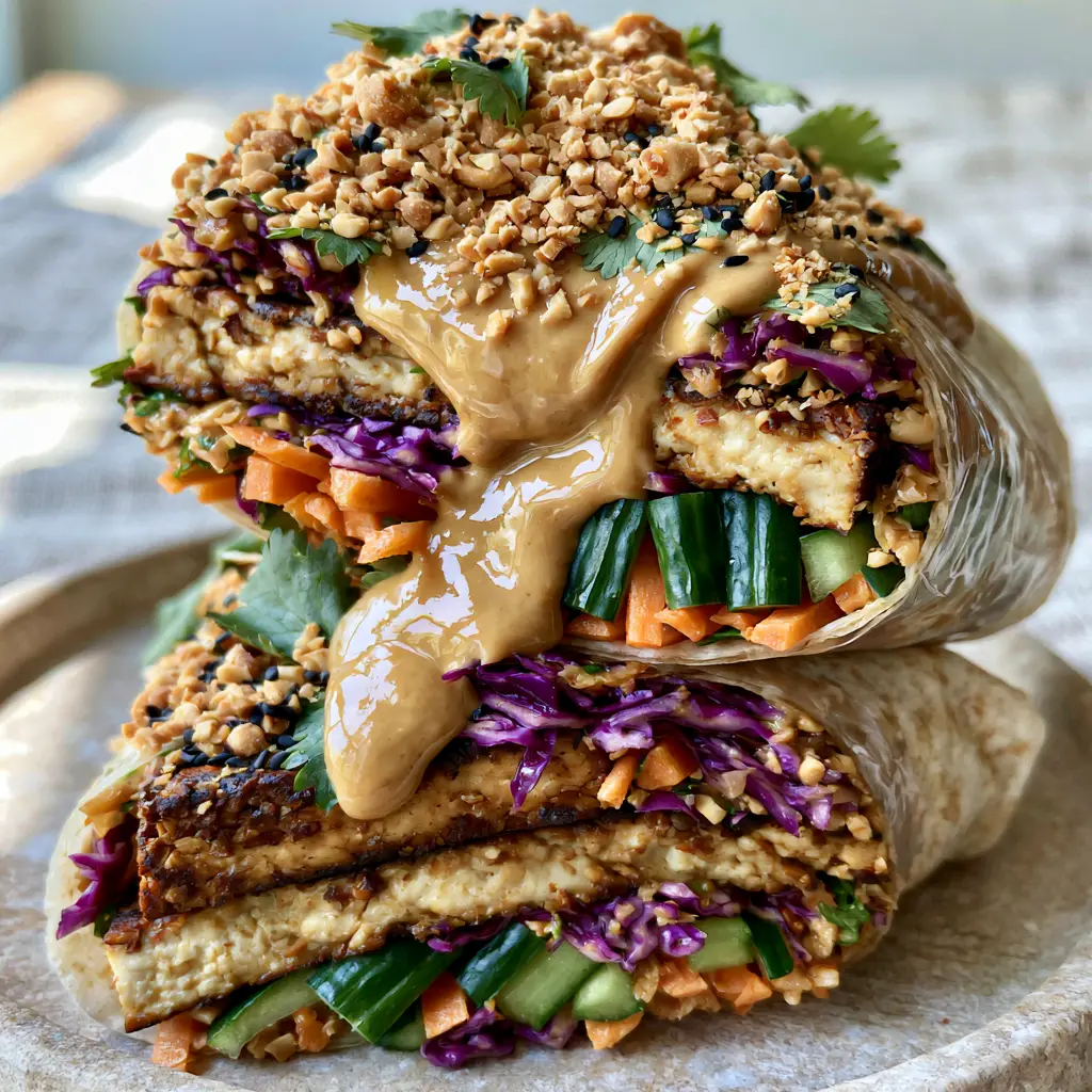 Vegan Summer Recipes: Smoked Tofu Peanut Wraps with Crunchy Slaw 2 Close-up handheld photo of a vegan wrap cross-section showing dense tofu and vibrant julienned carrots. (Vegan summer recipes)