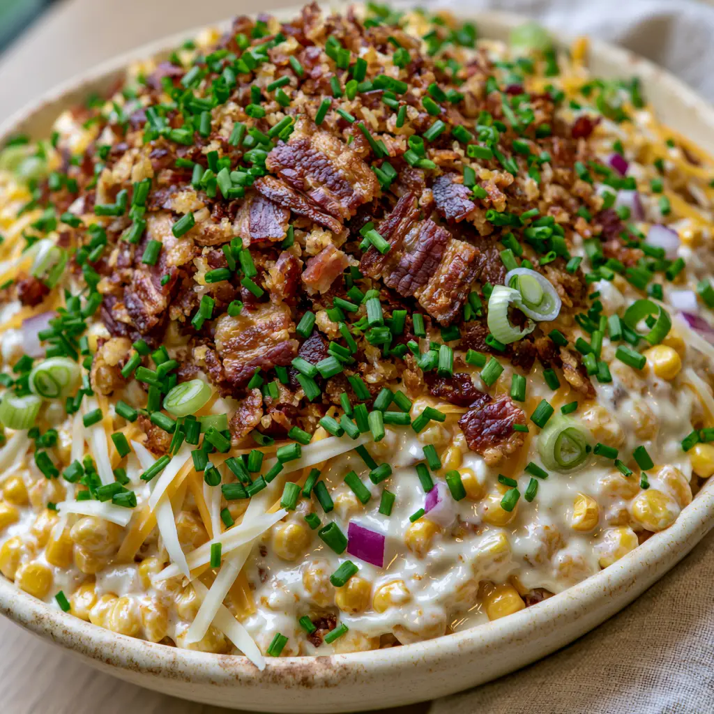Crack Corn Salad: The Ultimate Creamy Bacon and Cheddar Delight 2 Close-up of Crack Corn Salad showing plump golden kernels, thin white cheddar shreds, and a thick glossy white dressing. (Crack Corn Salad)