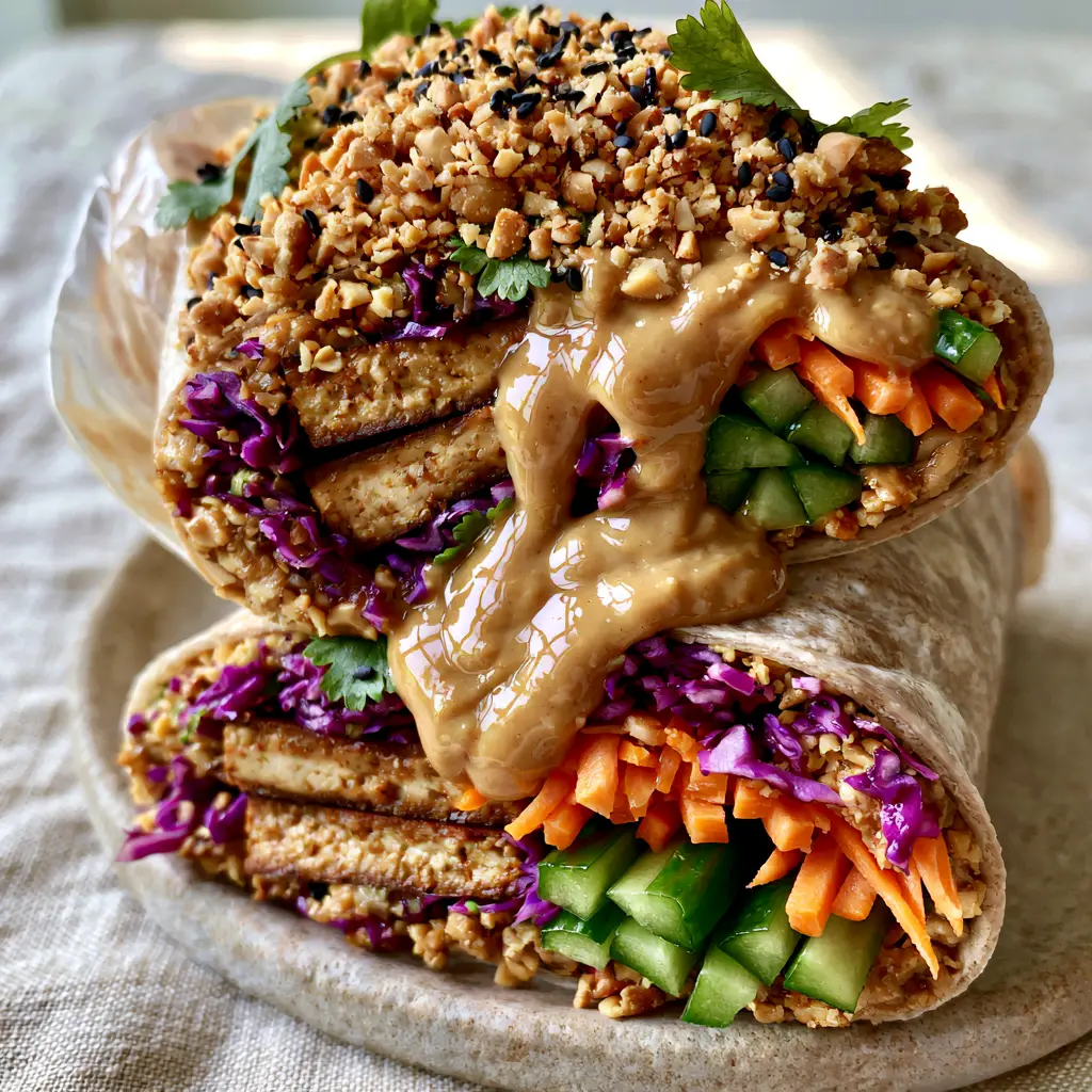 Vegan Summer Recipes: Smoked Tofu Peanut Wraps with Crunchy Slaw 1 Detailed view of glossy peanut sauce drizzled over a vegan summer wrap with sesame seeds and cilantro. (Vegan summer recipes)