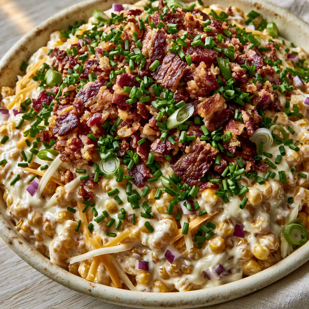 Crack Corn Salad: The Ultimate Creamy Bacon and Cheddar Delight 1 Top-down view of Crack Corn Salad in a stoneware bowl with vibrant green scallions and red onion cubes for color contrast.