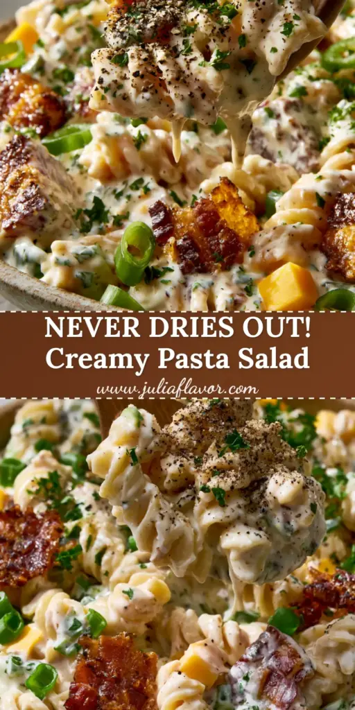 Ranch Pasta Salad With Crispy Bacon And Sharp Cheddar 4 A wide ceramic bowl of Ranch Pasta Salad with rotini, crispy bacon lardons, and yellow cheddar cubes under natural light. (Ranch Pasta Salad)