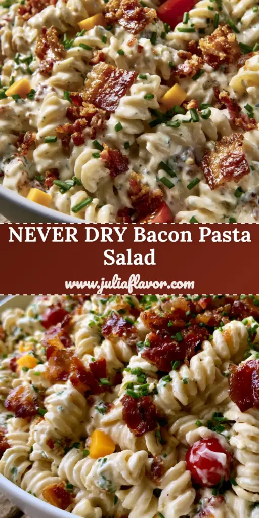 Bacon Ranch Pasta Salad with Crispy Bacon and Creamy Homemade Dressing 3 A large white ceramic bowl overflowing with rotini pasta salad, coated in thick ranch dressing with crispy bacon and cherry tomatoes. (Bacon Ranch Pasta Salad)