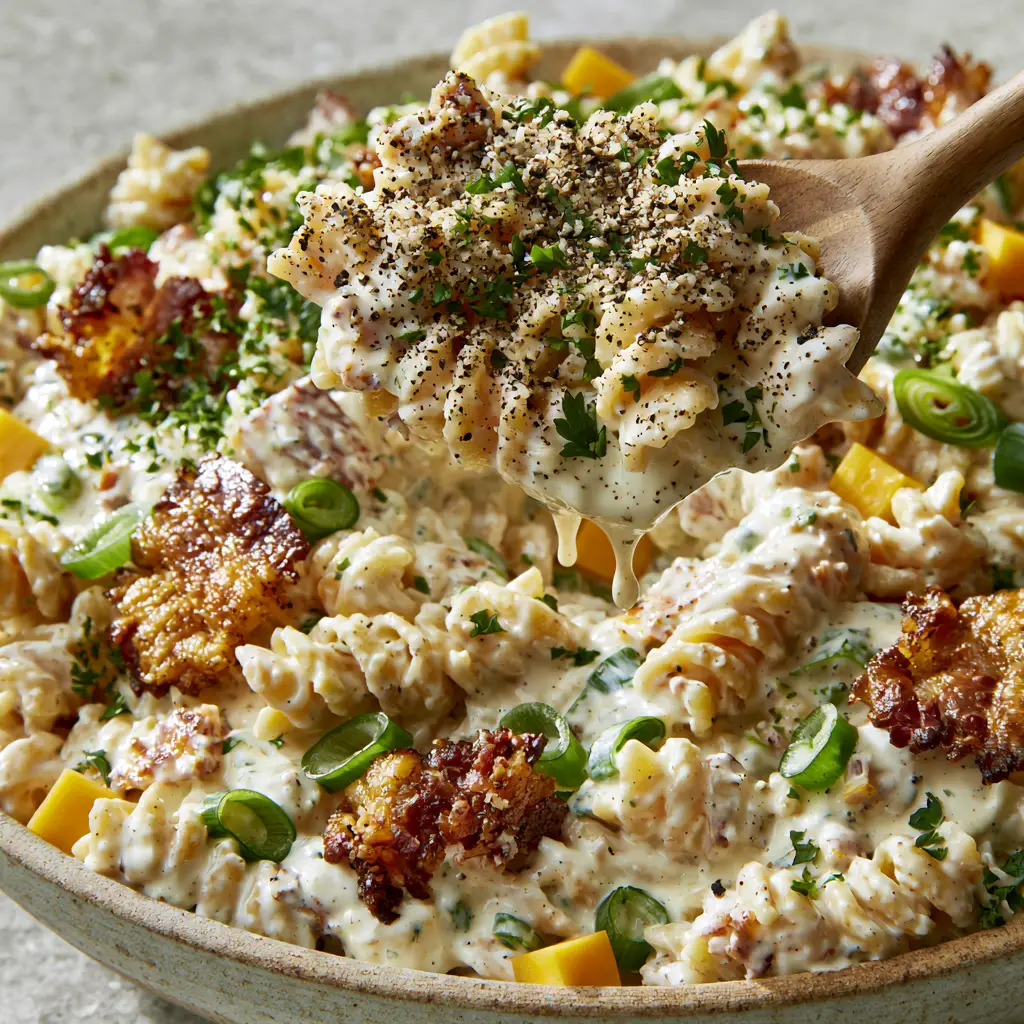 Ranch Pasta Salad With Crispy Bacon And Sharp Cheddar 2 Close-up of rotini pasta heavily coated in thick glossy ranch sauce with bacon chunks and parsley. (Ranch Pasta Salad)