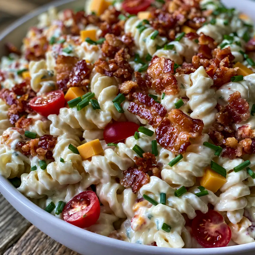 Bacon Ranch Pasta Salad with Crispy Bacon and Creamy Homemade Dressing 2 Extreme close-up of glossy ivory ranch dressing on rotini noodles with bacon and chives. (Bacon Ranch Pasta Salad)