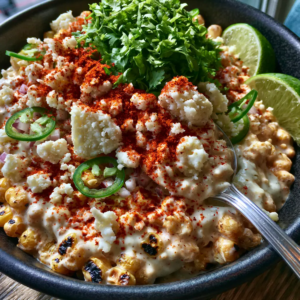 Corn Salad: The Ultimate Creamy Mexican Street Corn Recipe (Esquites) 2 Close-up of charred golden corn kernels heavily coated in white lime-crema dressing in a Corn Salad.