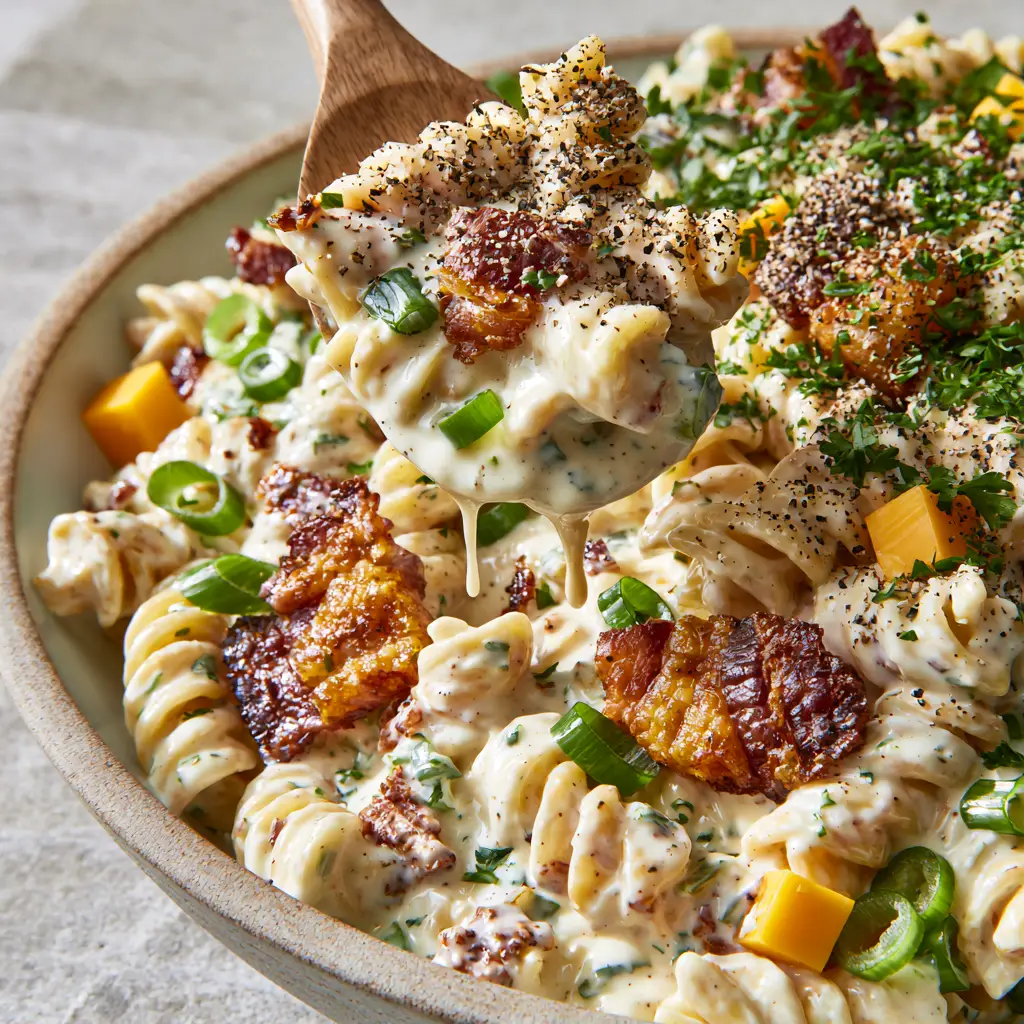Ranch Pasta Salad With Crispy Bacon And Sharp Cheddar 1 A wooden spoon lifting a portion of creamy ranch pasta salad showing the sauce dripping slightly.