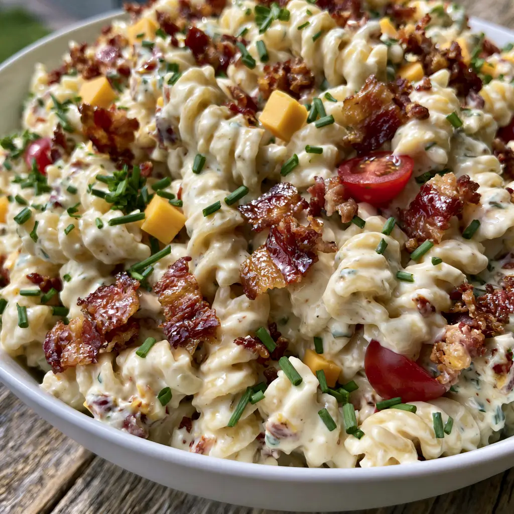 Bacon Ranch Pasta Salad with Crispy Bacon and Creamy Homemade Dressing 1 Handheld photo of Bacon Ranch Pasta Salad in a white bowl on a rustic wooden table in soft sunlight.