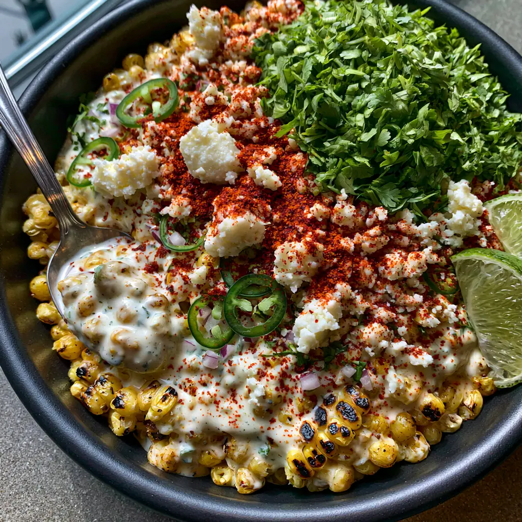 Corn Salad: The Ultimate Creamy Mexican Street Corn Recipe (Esquites) 1 A bowl of Mexican Street Corn Salad topped with a mountain of fresh cilantro, red onion, and jalapeno slices.