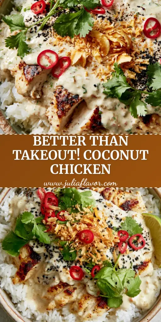 Coconut Chicken Rice Bowl with Creamy Lime Sauce and Toasted Coconut 4 A close-up of a Coconut Chicken Rice Bowl featuring golden seared chicken and creamy ivory sauce over jasmine rice.