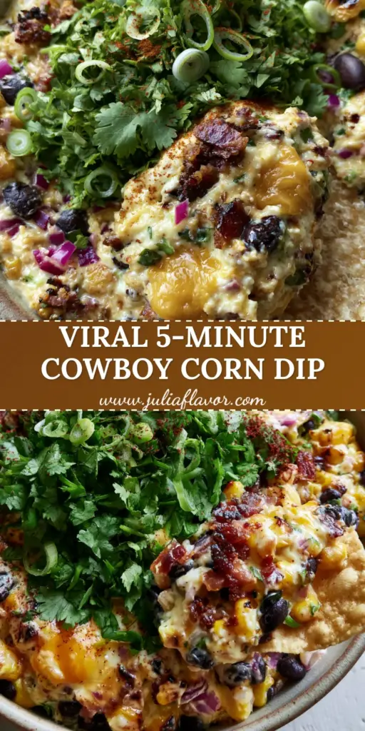Cowboy Corn Dip with Charred Corn and Smoked Bacon 4 A rustic bowl of Cowboy Corn Dip with charred corn, black beans, and melted cheddar, topped with cilantro and a single corn chip scooping the dip.
