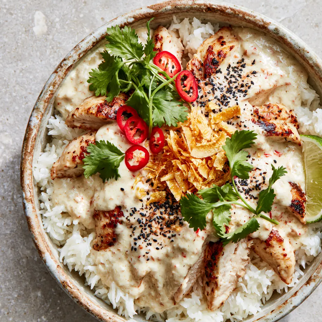 Coconut Chicken Rice Bowl with Creamy Lime Sauce and Toasted Coconut 2 A high-angle photo of a rustic ceramic bowl with Coconut Chicken Rice Bowl, topped with cilantro and red chilies.