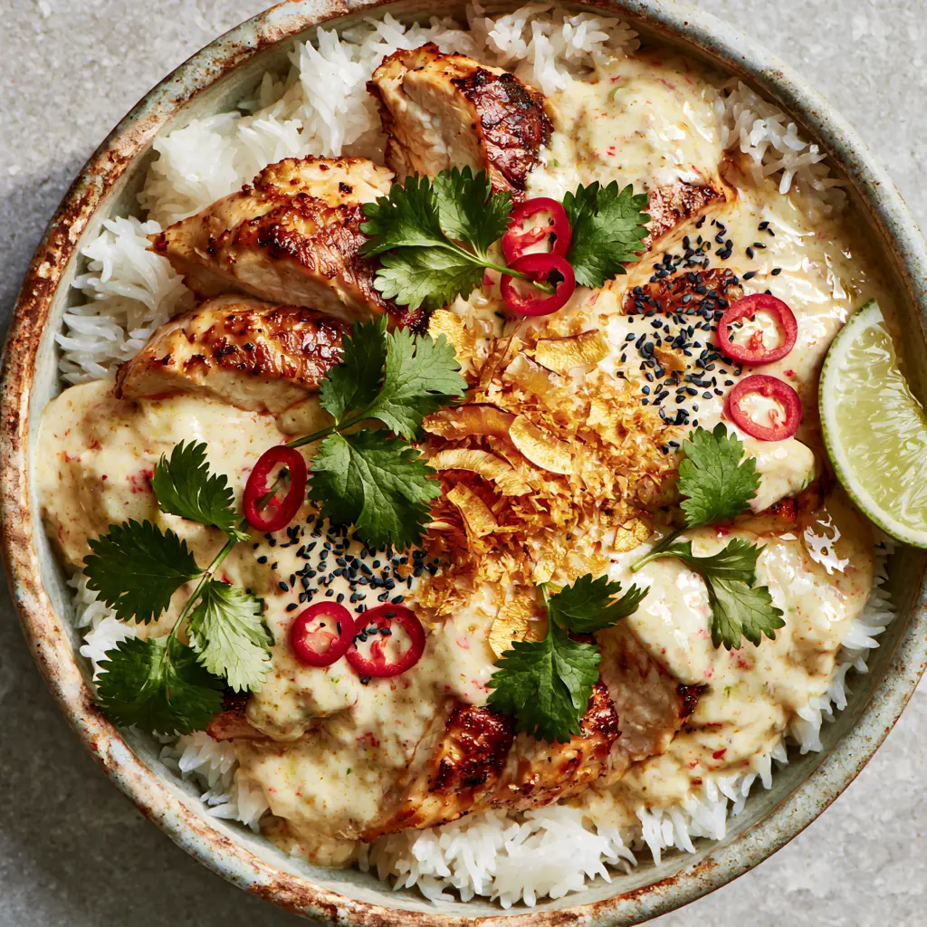 Coconut Chicken Rice Bowl with Creamy Lime Sauce and Toasted Coconut 1 Detailed view of seared chicken breast slices in a creamy ivory coconut lime sauce.