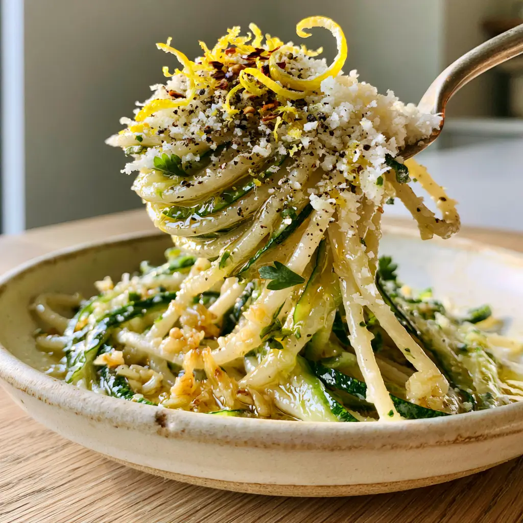 Summer Pasta with Glistening Lemon Butter and Zucchini Ribbons 2 Smartphone photo of a fork lifting a swirl of summer pasta with green zucchini ribbons in a rustic cream bowl.