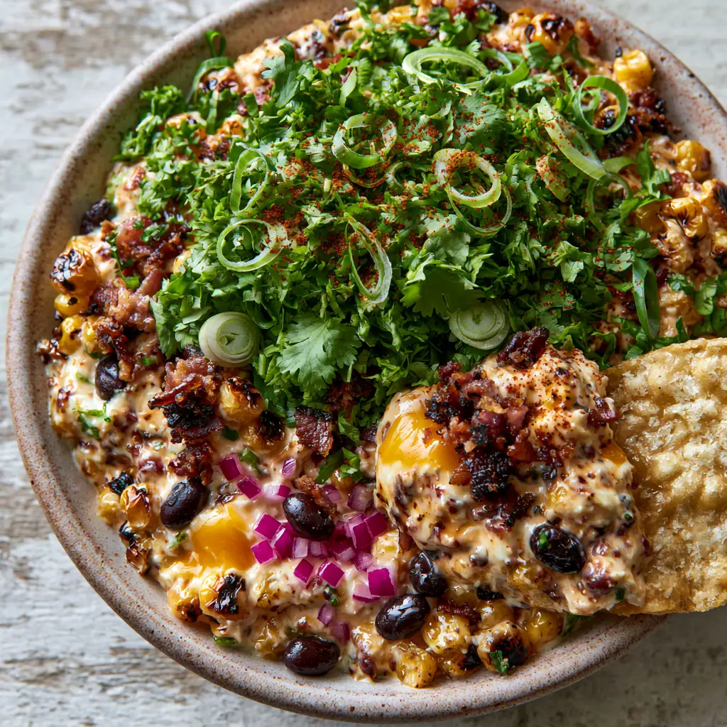 Cowboy Corn Dip with Charred Corn and Smoked Bacon 2 Top-down close-up of Cowboy Corn Dip showing charred corn, black beans, and vibrant green cilantro garnishes in a matte ceramic bowl.