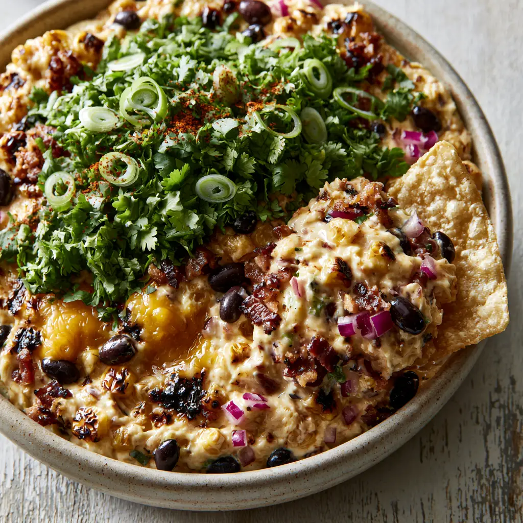 Cowboy Corn Dip with Charred Corn and Smoked Bacon 1 A generous scoop of creamy Cowboy Corn Dip on a golden corn chip, showcasing the thick glossy texture and melted cheese dollops.