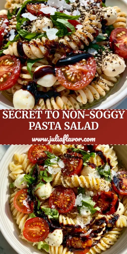 Caprese Pasta Salad with Heirloom Tomatoes and Balsamic Glaze 4 A close-up of a premium caprese pasta salad in a white bowl featuring rotini, heirloom tomatoes, and a thick balsamic glaze.