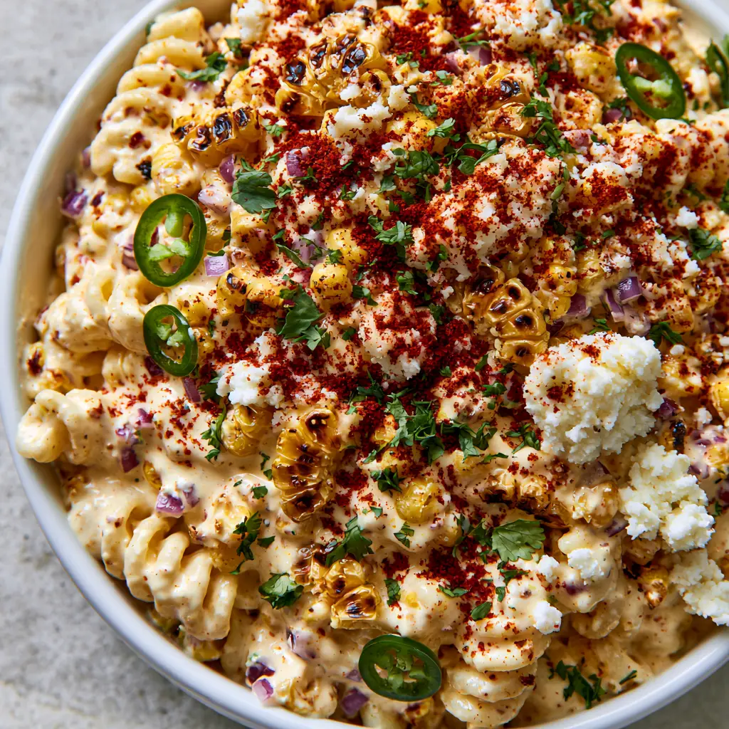 Elote Pasta Salad: The Ultimate Smoky and Creamy Mexican Street Corn Pasta 2 Extreme close-up of Elote pasta salad showing the ridged rotini coated in glossy ivory crema and charred golden corn kernels.