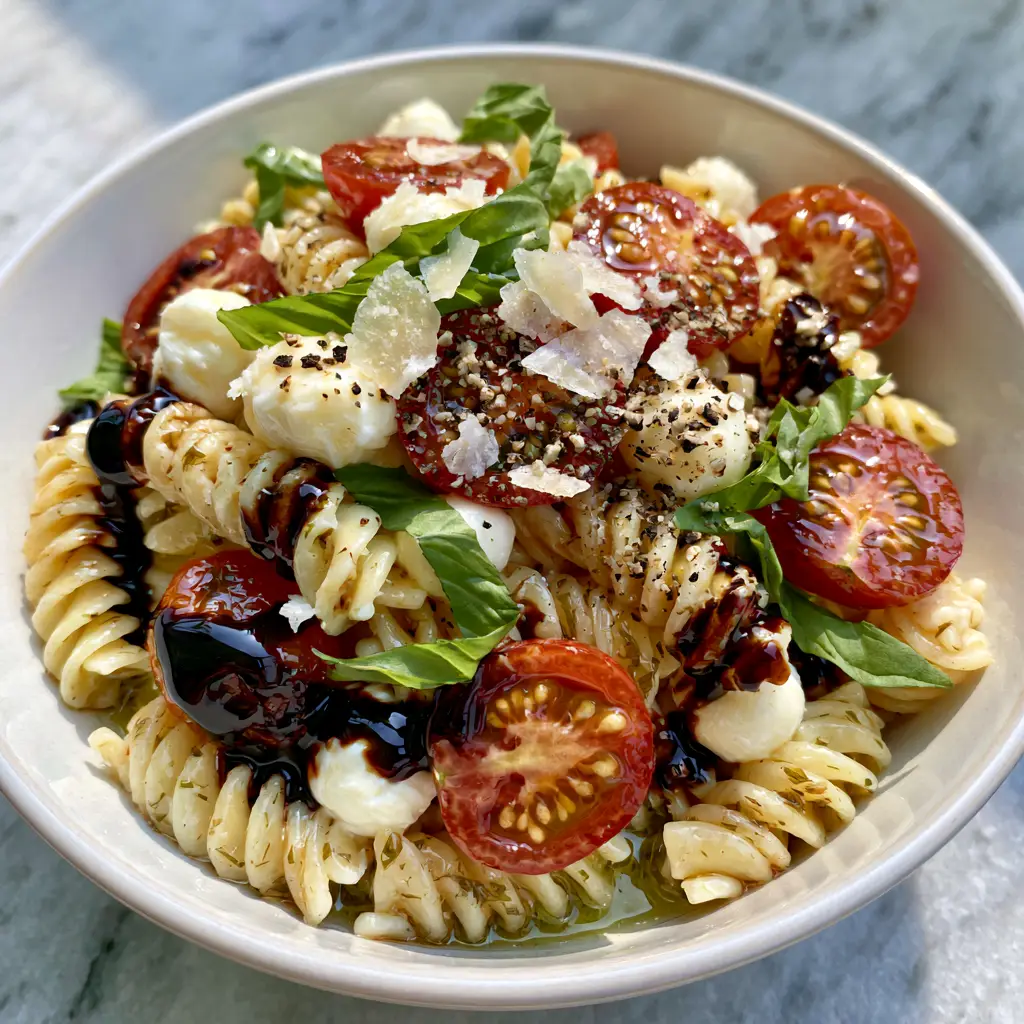 Caprese Pasta Salad with Heirloom Tomatoes and Balsamic Glaze 2 A smartphone photo of caprese pasta salad on a marble countertop with soft morning light. (caprese pasta salad)