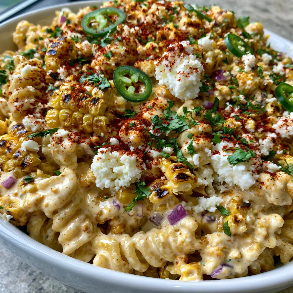 Elote Pasta Salad: The Ultimate Smoky and Creamy Mexican Street Corn Pasta 1 Overhead view of Elote pasta salad garnished with vibrant red chili powder, green cilantro, and snowy white cotija chunks.