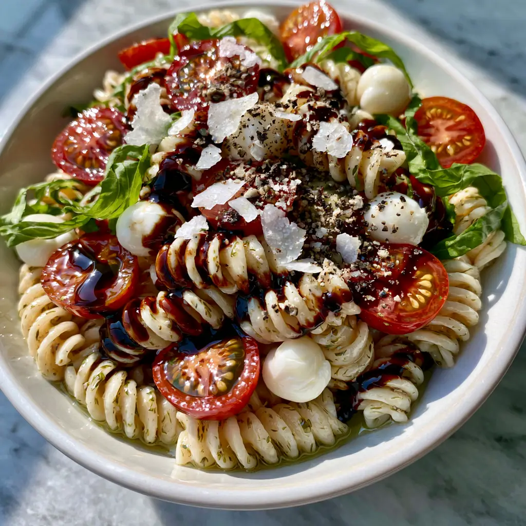 Caprese Pasta Salad with Heirloom Tomatoes and Balsamic Glaze 1 Detail view of rotini pasta spirals coated in balsamic glaze and herb oil for a caprese pasta salad.