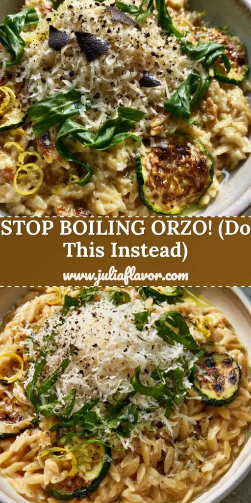 Lemon Orzo with Zucchini: The Ultimate Toasted Garlic Butter Pasta 3 A top-down view of a rustic bowl of lemon orzo with zucchini, featuring toasted golden pasta and charred zucchini coins topped with basil and parmesan.