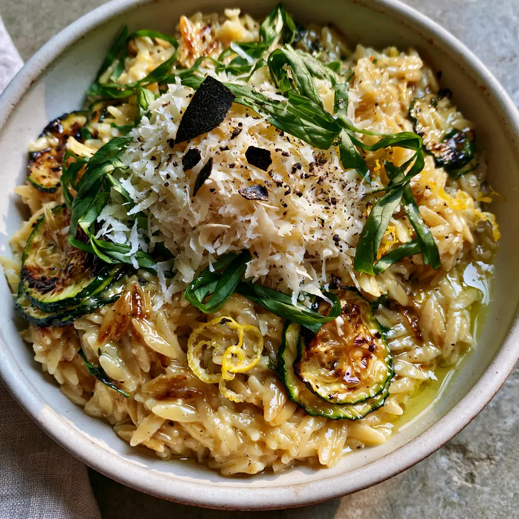 Lemon Orzo with Zucchini: The Ultimate Toasted Garlic Butter Pasta 2 Shallow matte-white bowl filled with creamy lemon orzo with zucchini, glistening sauce, and a fluffy mountain of parmesan cheese.