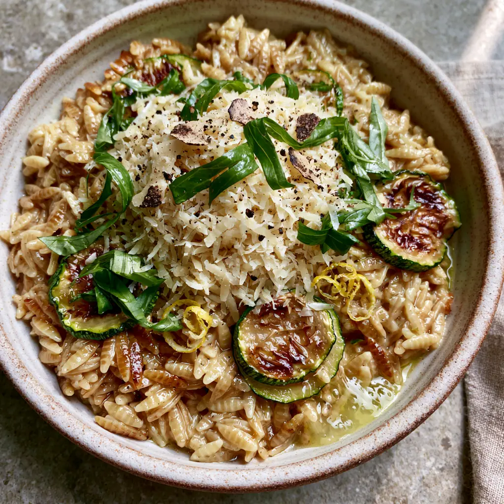Lemon Orzo with Zucchini: The Ultimate Toasted Garlic Butter Pasta 1 Close up of charred zucchini coins nestled in lemon garlic butter orzo with fresh basil ribbons.