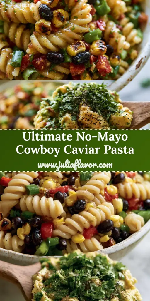 Cowboy Caviar Pasta Salad with Charred Corn and Lime Vinaigrette 4 A vibrant Cowboy Caviar Pasta Salad in a white bowl featuring rotini, charred corn, black beans, and avocado. (Cowboy Caviar Pasta Salad)