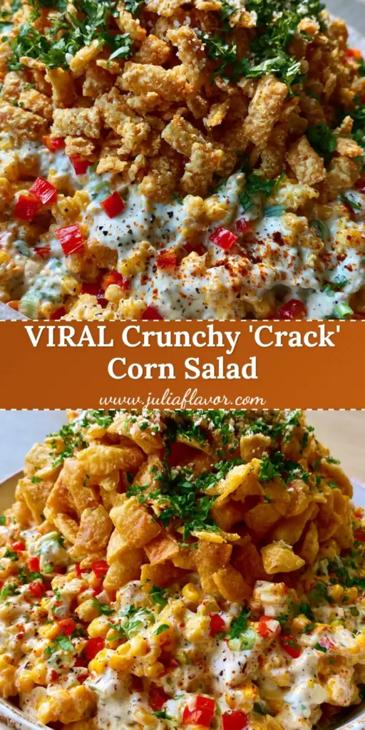 Frito Corn Salad with Smoked Paprika and Creamy Cotija Dressing 4 A towering Frito Corn Salad in a white bowl topped with a mountain of golden corn chips and fresh cilantro garnish.