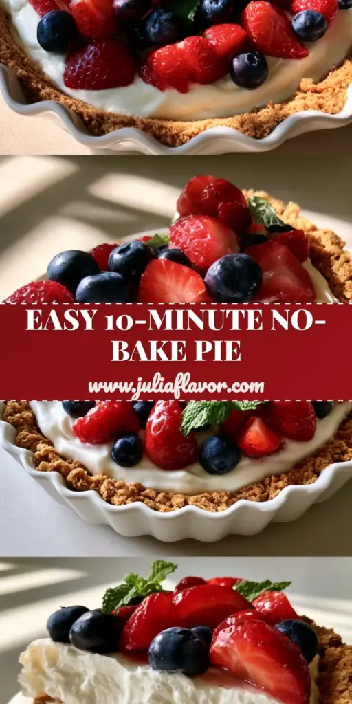 Summer pie recipes: The Ultimate No-Bake Strawberry Mascarpone Berry Pie 4 A top-down view of a No-Bake Strawberry Mascarpone Berry Pie in a fluted dish with glossy strawberries and blueberries. (Summer pie recipes)