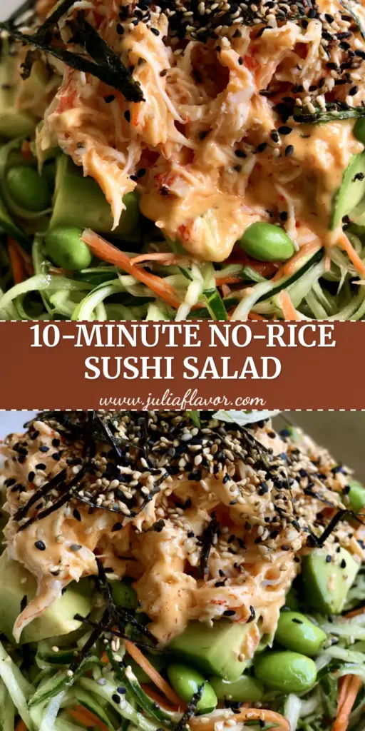 California Roll Cucumber Salad: The Ultimate Deconstructed Sushi Bowl 4 A tall mountain of spiralized cucumber ribbons and shredded spicy kani crab topped with avocado and nori in a stone bowl. (california roll cucumber salad)