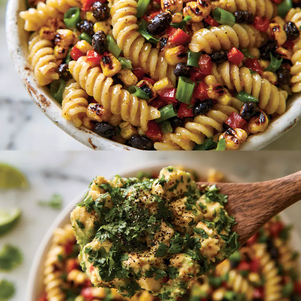 Cowboy Caviar Pasta Salad with Charred Corn and Lime Vinaigrette 2 Macro top-down shot of Cowboy Caviar Pasta Salad with glistening lime dressing and charred corn. (Cowboy Caviar Pasta Salad)