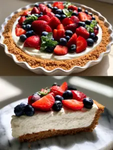 A split-screen view showing a bird's-eye view of a berry pie and a macro side-profile of a slice on marble. (Summer pie recipes)