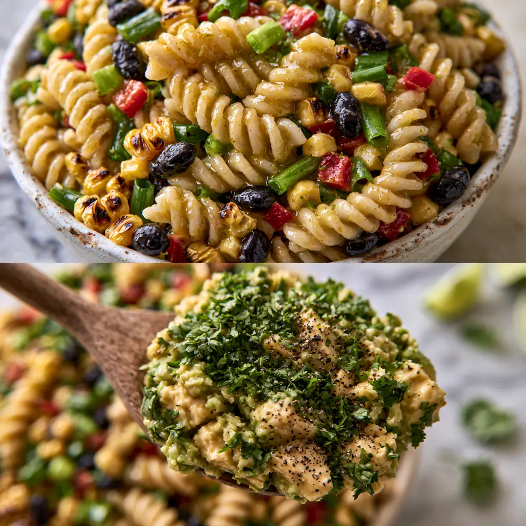 Cowboy Caviar Pasta Salad with Charred Corn and Lime Vinaigrette 1 Close-up of a wooden spoon lifting a portion of Cowboy Caviar Pasta Salad showing creamy avocado chunks. (Cowboy Caviar Pasta Salad)
